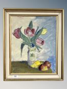 Danish school : still life with tulips and fruit, oil on canvas,