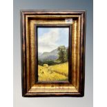 Twentieth Century School : Haystacks, oil on panel, oil on panel, 29 cm x 17 cm, framed.