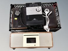 A Sony micro hifi system with speakers together with a John Lewis radio