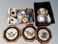 Two boxes of ceramic teapots, Italian glass vase,