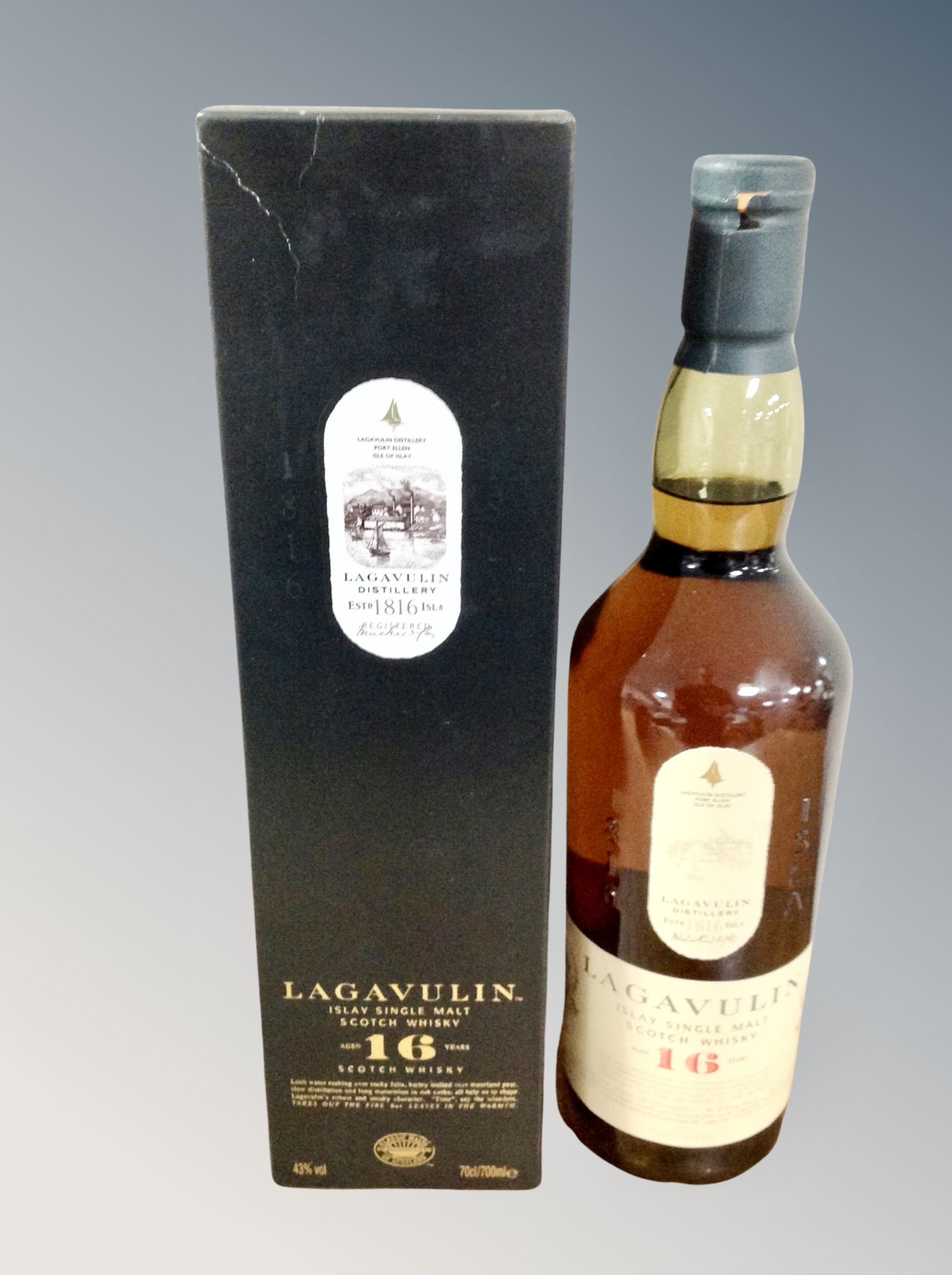 A bottle of Lagavulin Islay single malt scotch whisky aged 16 years 70cl 43% vol in presentation