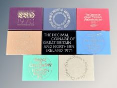 Eight Coin of Great Britain and Northern Ireland sets, 1974, 1975, 1976, 1970, 1977, 1971,