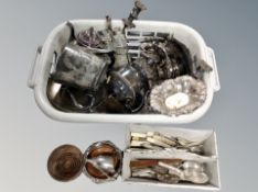 A crate and wooden cutlery tray containing silver plated wares, tea sets, candelabrum, coasters,