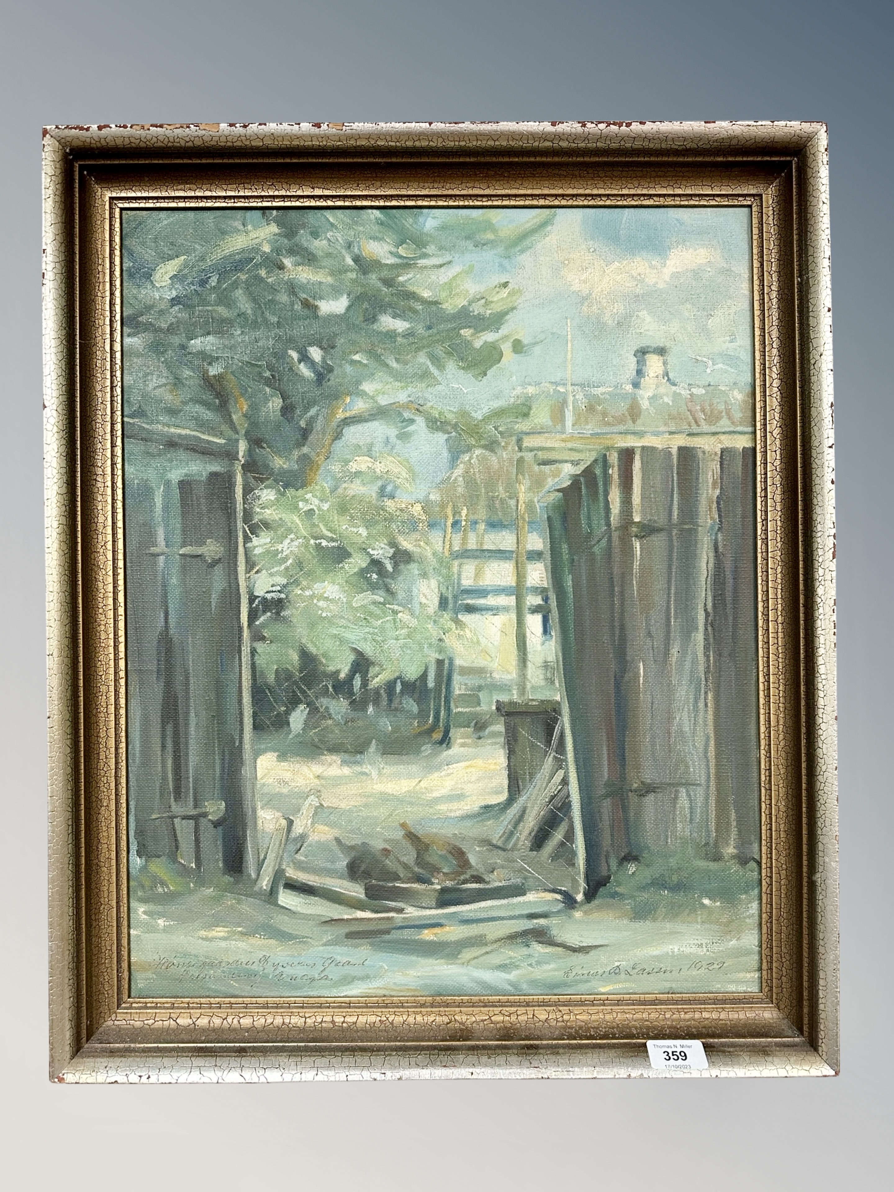 Continental school : view through a fence, oil on canvas,