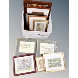 A box of pictures and prints including fox hunting scene,