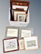 A box of pictures and prints including fox hunting scene,