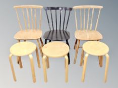 Three bentwood stools and three stick backed chairs
