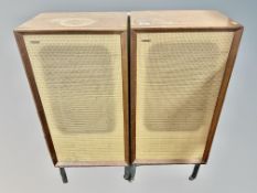 A vintage pair of B & W model DM3 teak cased speakers on metal stands