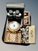 A tray of wooden chess pieces and dominoes in box, travel chess set, crested spoon, barometer,