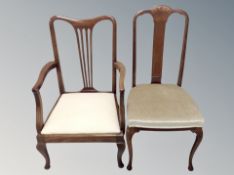 An Edwardian inlaid mahogany Queen Anne style bedroom chair together with further armchair