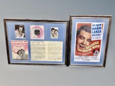 A Mario Lanza photograph record and sheet music montage, framed as one, with signature,