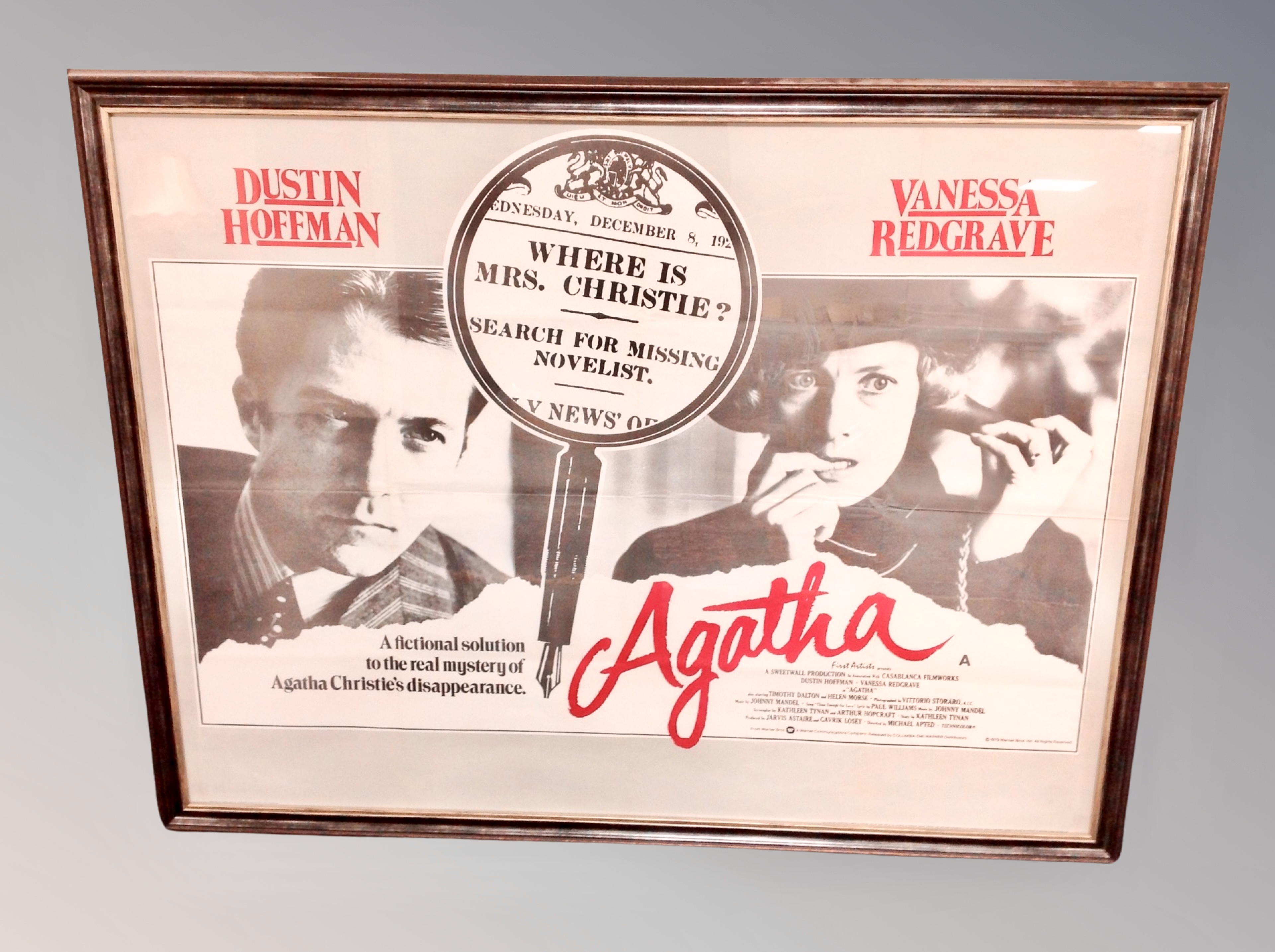 An Agatha movie poster starring Dustin Hoffman and Vanessa Redgrave, framed.