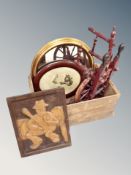 A pine crate containing spinning wheel, wooden relief panel,
