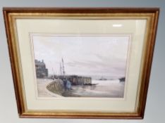 A J Barrie Haste watercolour of figures walking past a harbour in gilt frame