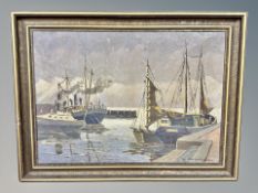 S V Lanner, Boats in a harbour, oil on canvas,