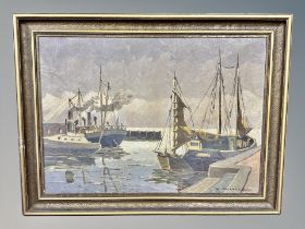 S V Lanner, Boats in a harbour, oil on canvas,