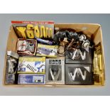 A box of assorted pocket multi tools, ratchet screw driver, utility knife set,