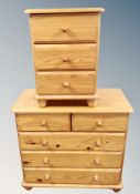 A contemporary pine five drawer chest and similar three drawer bedside chest
