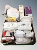 Two boxes of assorted kitchen electricals and microwave containers