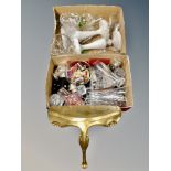 Two boxes of gilt miniature hall table, assorted glass ware,
