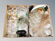 Two boxes of assorted drinking glasses, carnival glass dishes,