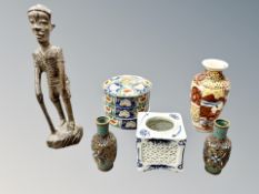 A small pair of cloisonné vases, porcelain circular box, Japanese earthenware vase,