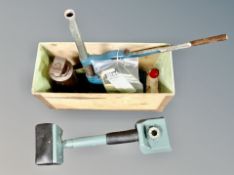 A wooden crate containing Black and Decker drill stand,