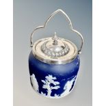 A 19th century Wedgwood Jasperware and silver plated biscuit barrel