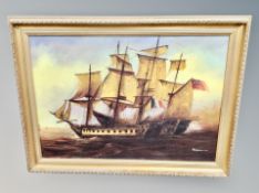 An oil on canvas - Armada battle scene in gilt frame, 69 cm x 49 cm.