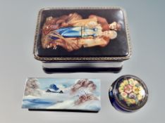 Three Russian/Ukraine hand painted and signed lacquered boxes