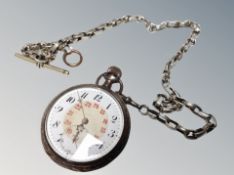 A continental silver cased pocket watch with enamelled dial and Albert chain