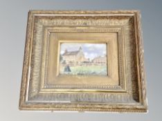An antique oil painting depicting figures by a rural dwelling, 14 cm x 10 cm,
