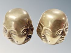 A pair of Chinese bronze four faced Buddha heads , height 6.5 cm.