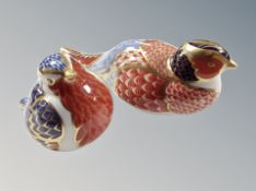 Two Royal Crown Derby bird paperweights : Robin and Pheasant with metal stoppers