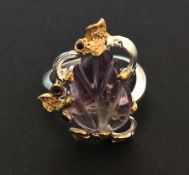 African amethyst gemstone with cubic zirconia, sterling silver on multi gold plated ring,