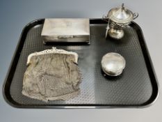 A silver plated oblong box, together with an antique mesh purse,