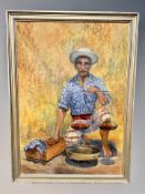 F P Dehlsen, A vendor weighing fruit, oil on canvas,