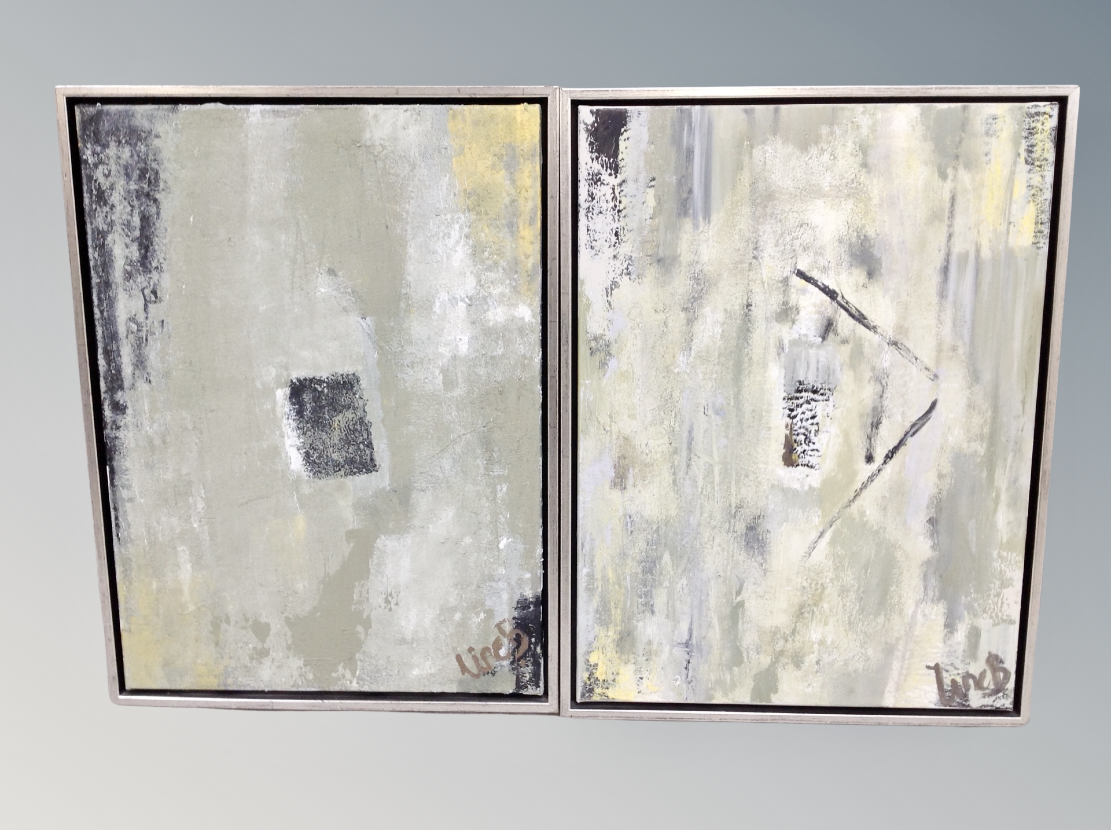 A pair of abstract oils on canvas indistinctly signed