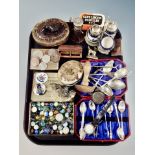 A tray of collectables, glass marbles, NUFC badges, rock sample, coins, cruet set,