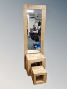 A contemporary oak hall mirror together with a nest of matching cube tables