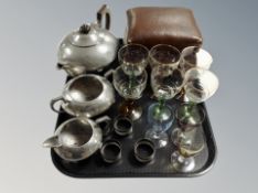 A tray of vintage miniature leather sewing box, assorted drinking glasses,