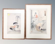 A Japanese pen and watercolour study of a figure kneeling, together with a further Japanese print,