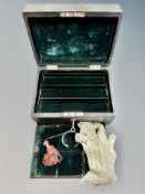 A good quality antique jewellery box with fitted interior containing lace gloves