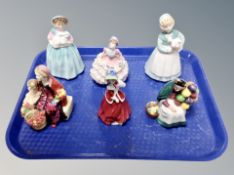 Six small Royal Doulton figures to include The Old Balloon Seller, Stayed at home, Hannah, Bunny,