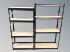 Two sets of metal four tier multi purpose shelving