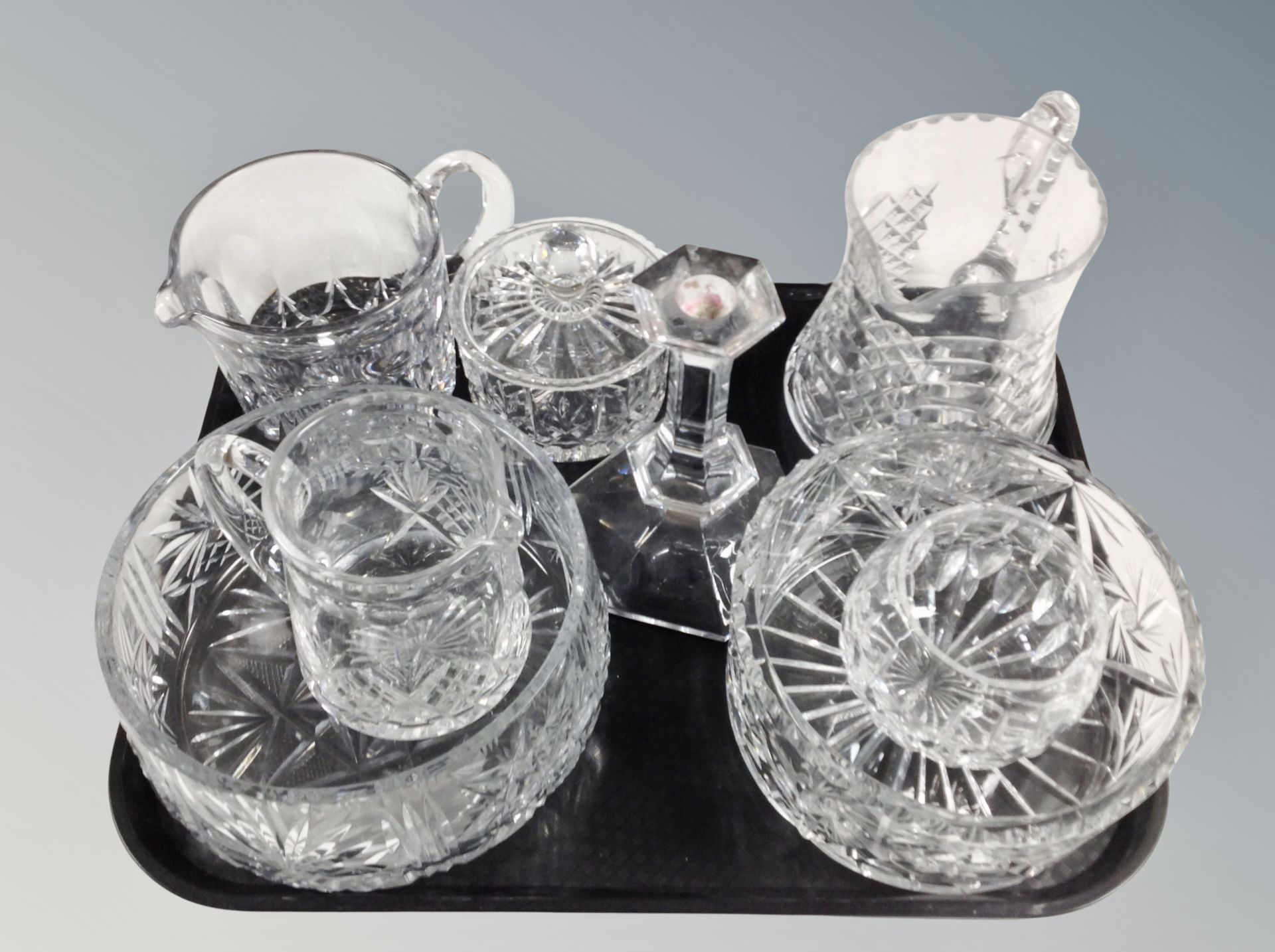 A tray of cut glass crystal fruit bowls, jugs,