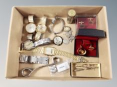 A box of cuff links, Magic Pocket savings bank, assorted watches, St Christopher pendant on chain,