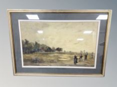 John Teasdale (1848-1926), Farmhands by a river bed, watercolour, 50 cm x 31.