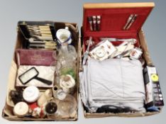 Two crates of canteen of cutlery, cased set of fish cutlery, glass ware, character jug, ornaments,
