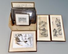 A box of Japanese prints, etching of Sunderland harbour,